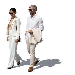 cut out man and woman in white summer clothes walking