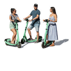 three cut out people with electric scooters standing and talking