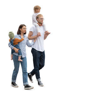 cut out young family with two little kids walking