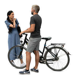 cut out man with a bike standing and talking to a woman