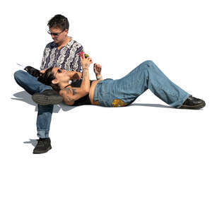 cut out latino man sitting with his girlfriend and reading