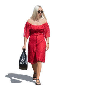 woman in a red dress walking