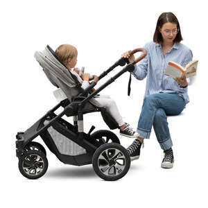 woman with a baby stroller sitting and reading a book