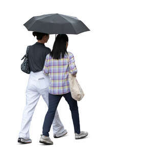 two cut out asian women with an umbrella walking