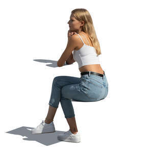 cut out woman sitting and leaning on a table