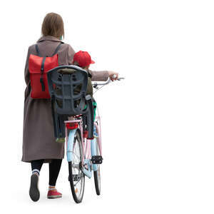 woman pushing a bike with her daughte sitting on it