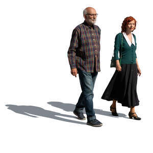 cut out older man and woman walking outside in sunlight