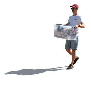 cut out backlit man carrying a plastic box