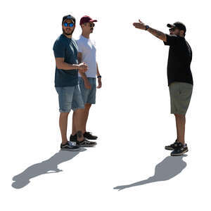 three cut out backlit men standing and discussing smth