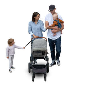 family with a baby and a stroller walking seen from above