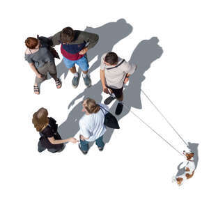 cut out group of five people and dog standing seen from top