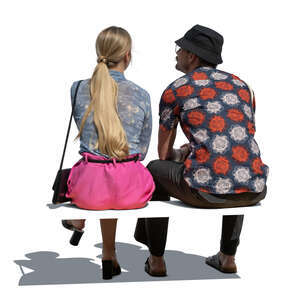 cut out man and woman sitting on a bench outside in summer