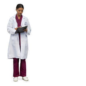 cut out female doctor standing and reading some documents