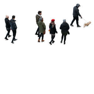 cut out group of people and a dog walking in autumn seen from above