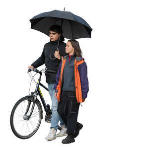 cut out couple with a bike walking in the rain under an umbrella