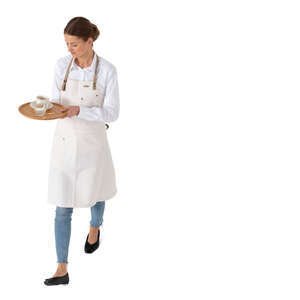 waitress with a white apron carrying a tray seen from above