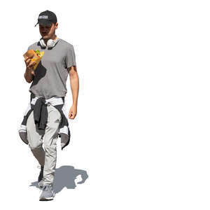 cut out man walking and eating a hamburger