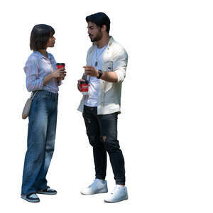 man and woman standing in partial shade and drinking coffee and talking