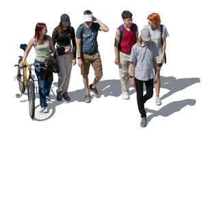 cut out group of young people walking seen from higher angle