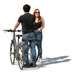 man with a bike standing and talking to his female friend