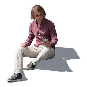 cut out man sitting on the stairs with a phone in his hand