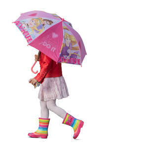 little girl with a pink umbrella walking on a rainy day