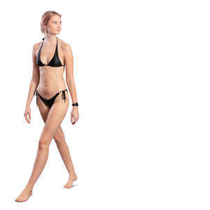 cut out woman wearing a black bikini walking barefoot