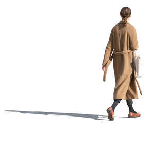 woman in a brown overcoat walking