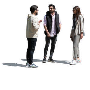 group of three people standing and talking