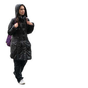 woman in a hooded jacket walking