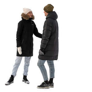 man and woman talking outside in winter