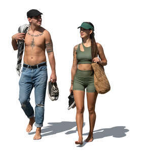 latin american man and woman walking barefoot by the beach