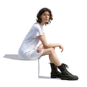 woman in a white dress and wearing black boots sitting