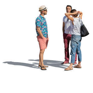 group of three people standing outside in summer and talking