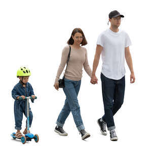 family walking n the the street and a little girl riding a scooter 