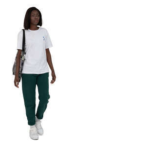 black woman in a white tshirt walking