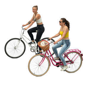 two young women cycling seen from above