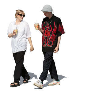two cut out people walking and drinking coffee