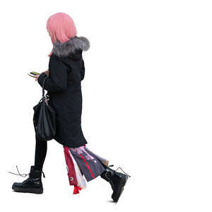 cut out pink haired woman walking