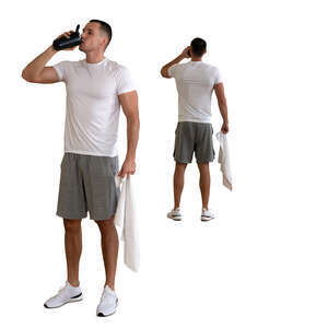 cut out man standing in the gym and drinking in fron of the mirror