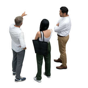 group of three people standing and looking at smth seen from above