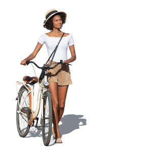 woman with a hat and a bicycle walking