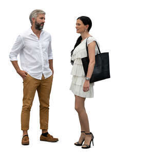 man and woman in white summer clothes standing and talking