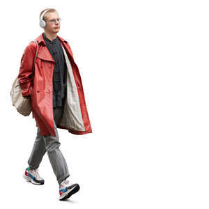 young man with a red coat walking