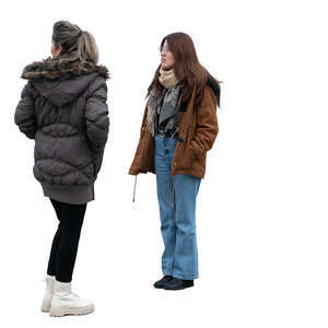 two women wearing winter jackets standing