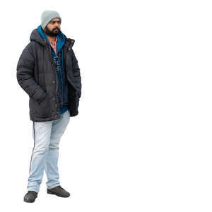 indian man wearing a winter jacket standing