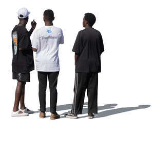 group of three black men standing and talking