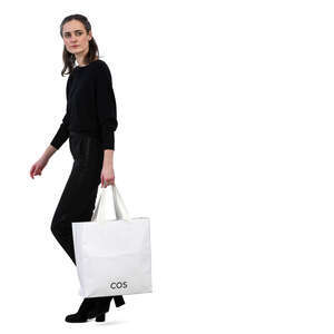 woman with a big white bag walking