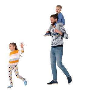 man with two kids walking happily
