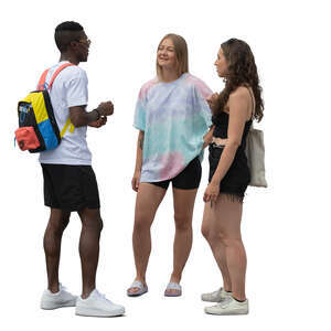 group of three friends standing and talking